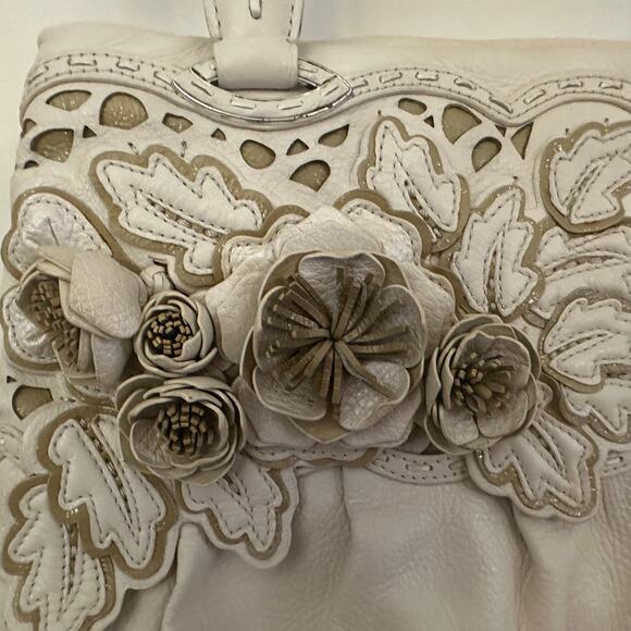 Brighton 3D Floral Appliqué Cream Soft Supple Leather Shoulder Handbag Purse - Picture 6 of 12